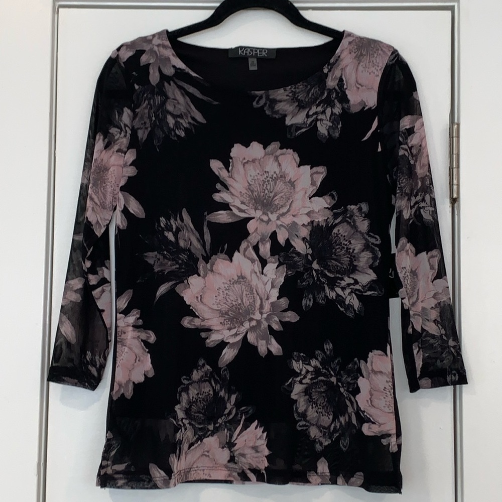 NWT Kasper Floral Layered 3/4 Sleeve Mesh Top PS